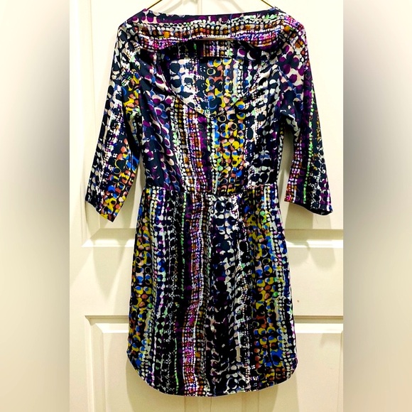 Charlie Jade Multicolor Abstract Boatneck 3/4 Sleeve Elastic Waist Lined Dress S - Picture 7 of 11